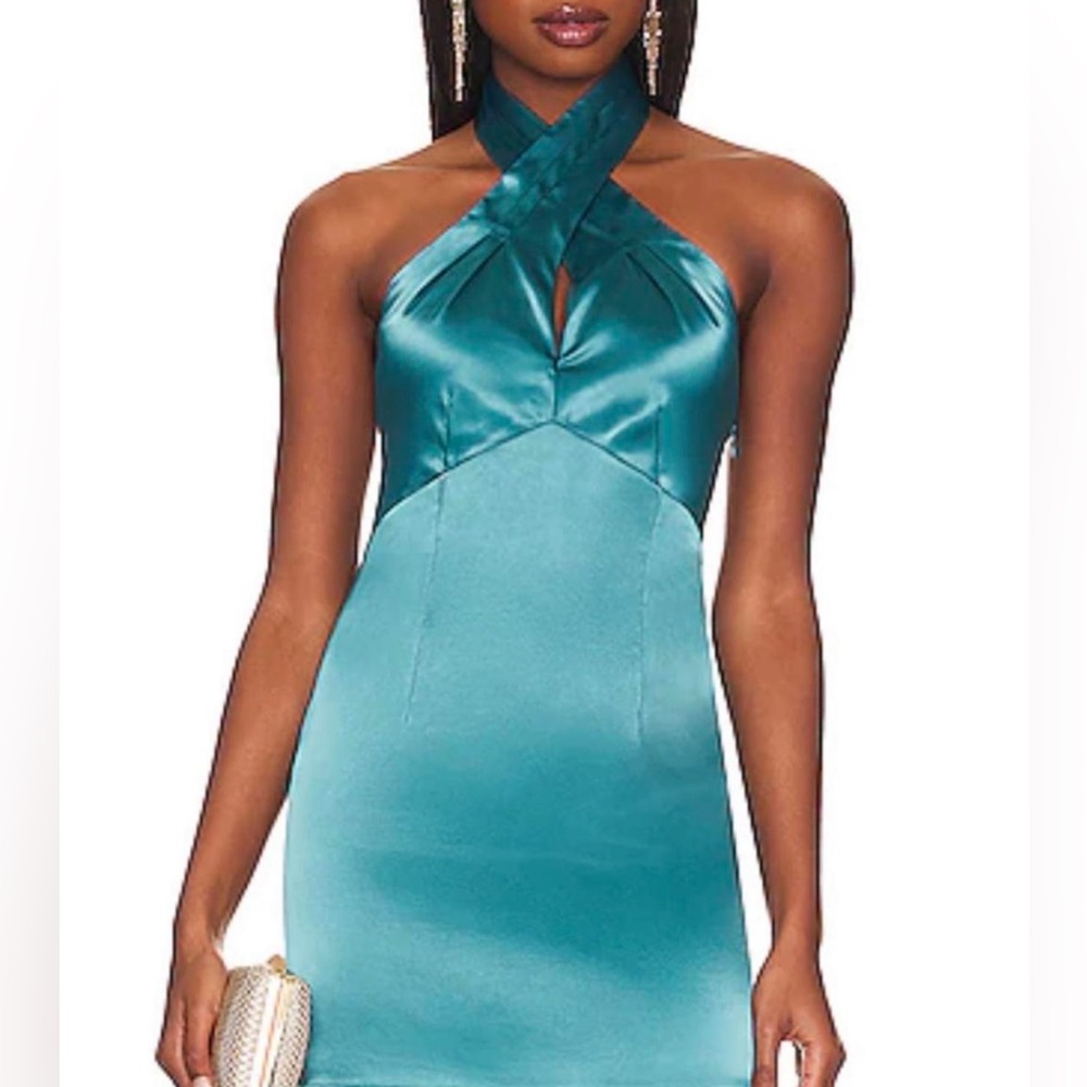 Revolve Blue Silk Halter Top Dress